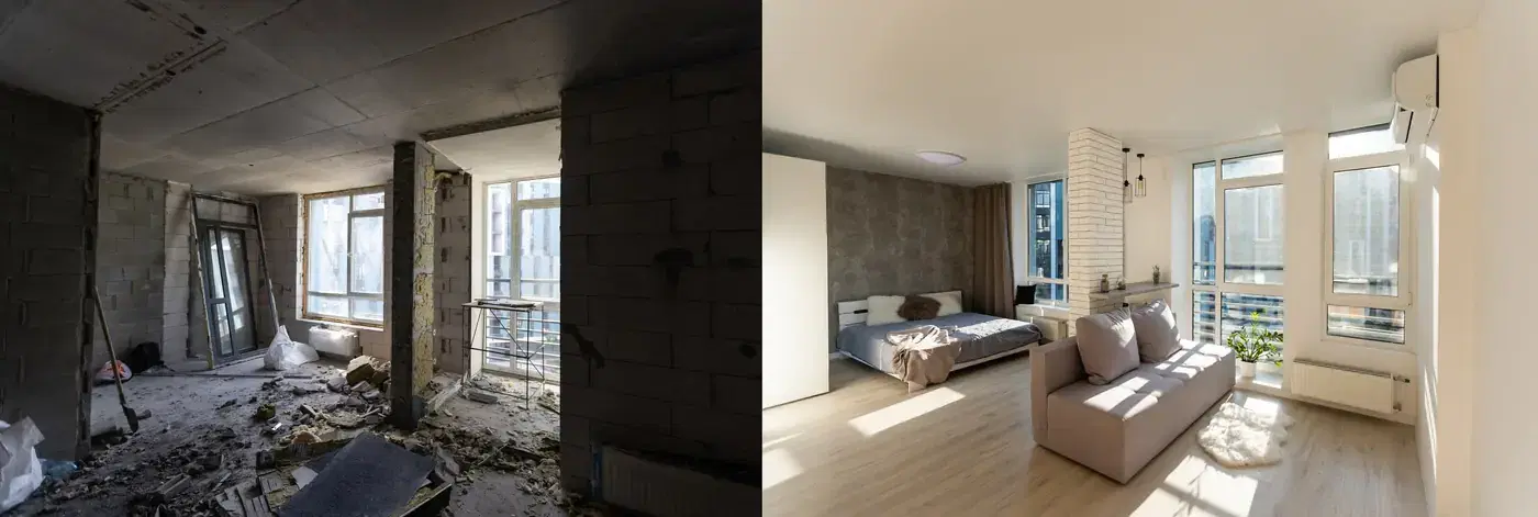 Side-by-side views of a renovated room. Illustrative photograph.