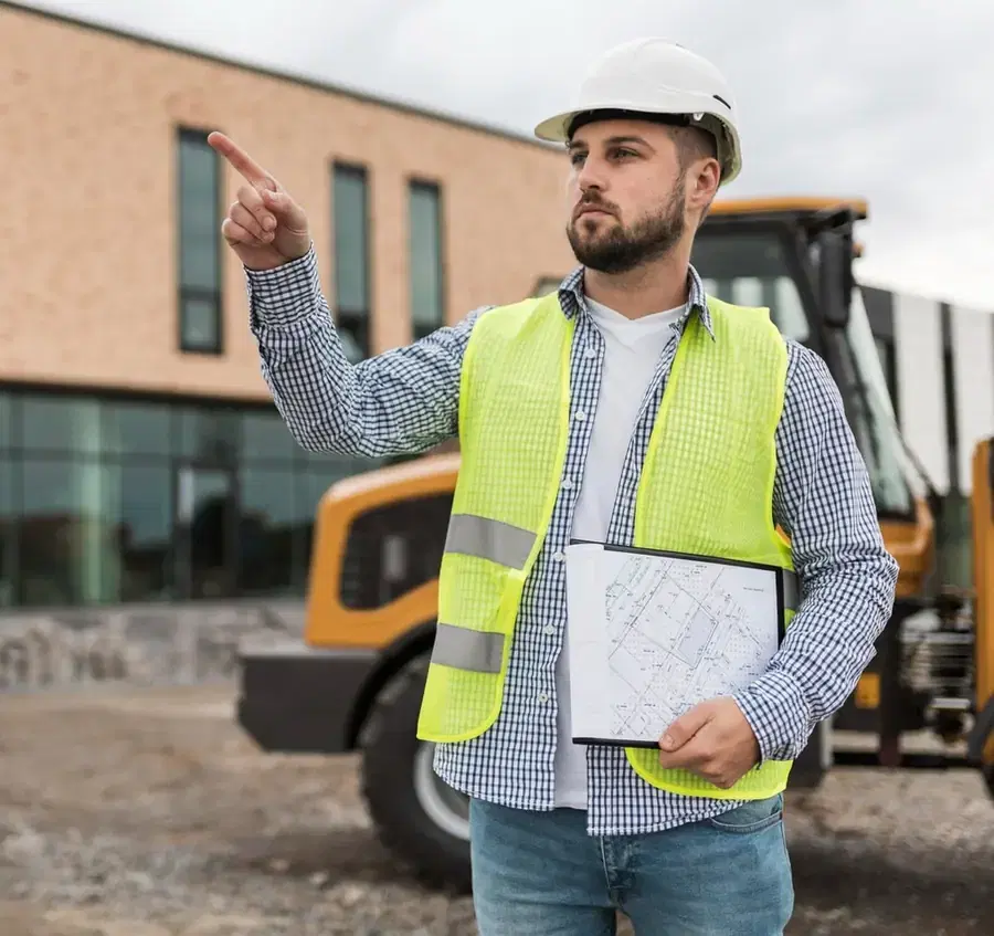 Tradesperson on a residential extension site. Illustrative photograph.